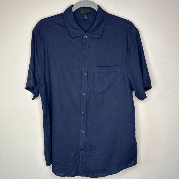 NWOT.Magaschoni Mens Linen Blend Woven Button Down Shirt Navy Blue Size Medium - Picture 2 of 11